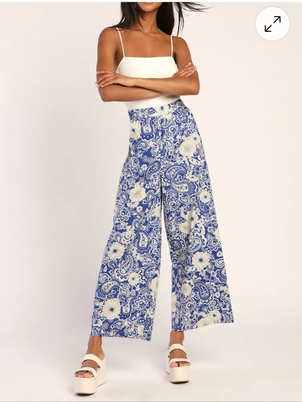 Lulus 100% Cotton Wild Hearted Blue Floral Paisley Print Wide-Leg Pants. Xsmall.